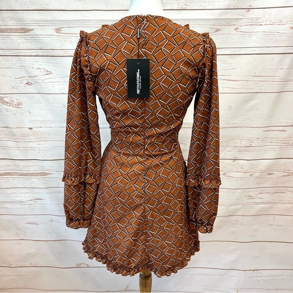 NWT Brown Geo Print Frill Detail Skater Dress - Picture 5 of 8